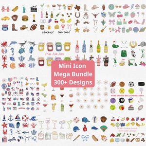 May include: A vibrant collection of mini icon designs, featuring food, drinks, sports, and travel themes. The image includes the text "Mini Icon Mega Bundle 300+ Designs".
