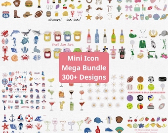 Mini Icon Embroidery Bundle, 300+ Designs, Summer Cocktail, Sea Animal, Sports, 4th Of July, Texas (Instant Download)