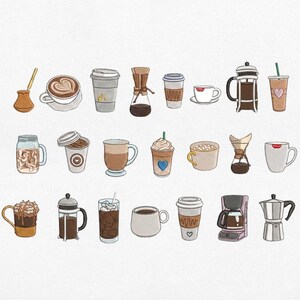 May include: An illustration of various coffee drinks, including lattes, iced coffee, and French press coffee. The image features a variety of coffee cups and mugs, each with unique designs and details. The color palette includes browns, whites, and creams.