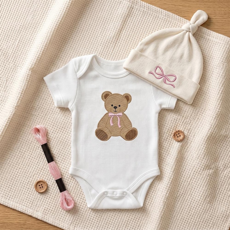 May include: A white baby onesie with a brown teddy bear applique and a pink bow. A matching cream-colored knotted hat with a pink bow embroidery is next to the onesie. Pink embroidery floss and two wooden buttons are also in the image.