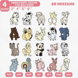 Pakket met borduurpatronen voor tasjes met dierenmotieven, inclusief een grappige applicatieset voor broodclips. ITH Kitchen Craft digitale download Pes Dst Jef Vp3