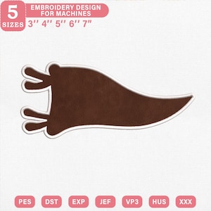 May include: A brown pennant embroidery design with a white outline. The text at the top reads 5 SIZES 3" 4" 5" 6" 7" EMBROIDERY DESIGN FOR MACHINES. The bottom lists file formats PES, DST, EXP, JEF, VP3, HUS, and XXX for machine embroidery.