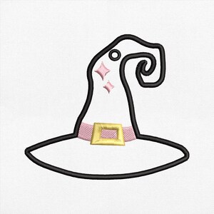 May include: An embroidered witch hat design featuring a thick black outline, a light pink band with a gold buckle, and two small pink four-pointed star accents on the crown. The hat has a curved, pointed top and a wide brim, rendered in embroidery.