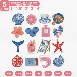 Puede incluir: Conjunto de diseños de bordado con motivos variados, como una concha, una rodaja de pomelo, una taza de té, una flor de hibisco, arándanos, un frasco de perfume, sandalias, un cóctel, una estrella de mar, etc. Tamaños de 2,5 cm a 10 cm.