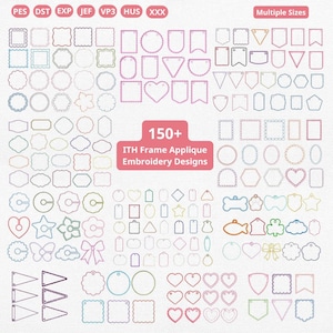 Könnte beinhalten: Eine Sammlung von über 150 ITH-Rahmen-Applikations-Stickmustern in verschiedenen Formen und Größen. Die Designs umfassen Rahmen, Anhänger, Herzen, Sterne und andere dekorative Elemente in verschiedenen Pastellfarben. Der Text "Multiple Sizes" ist ebenfalls enthalten.