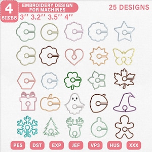 May include: A digital collection of 25 embroidery designs for machines, featuring the letter C integrated into various shapes like stars, hearts, leaves, and holiday icons. Text includes 4 SIZES 3" 3.2" 3.5" 4", 25 DESIGNS, and file formats PES, DST, EXP, JEF, VP3, HUS, XXX.