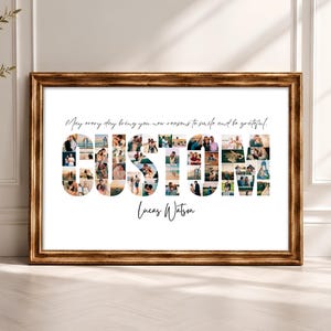May include: A framed photo collage print featuring the word CUSTOM spelled out with individual photographs of people. Above the word is the text May every day bring you new reasons to smile and be grateful. Below is the name Lucas Watson.