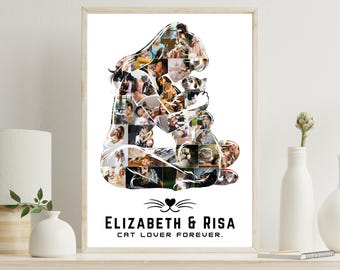 Cat And Girl Photo Collage – Woman & Cat Silhouette Poster – Custom Pet Memorial Gift