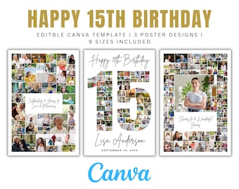 Editable 15th Birthday Photo Collage Canva Template Personalized Gift Fifteen Birthday Decor Digital Download