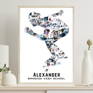 May include: Framed print featuring a silhouette of a figure skater composed of multiple action photos. The name "ALEXANDER" and "BANGKOK HIGH SCHOOL" are printed in black at the bottom of the print. The print is in a light wood frame.