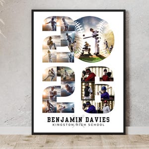 May include: Framed baseball-themed artwork featuring the number "23" composed of action shots of baseball players. A baseball graphic is in the center. The name "BENJAMIN DAVIES" and "KINGSTON HIGH SCHOOL" are printed in black at the bottom.