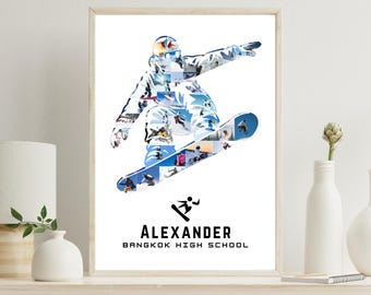 Snowboarder Photo Collage – Editable Snowboarding Silhouette Poster – Custom Athlete Keepsake