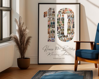 10th Birthday Photo Collage Canva Template – Editable Number Poster – Personalized Printable Gift for Kids