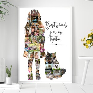 May include: A white framed photo collage shaped like a person and a dog, composed of numerous small photos. The text "Best friends grow up Together" is written in black script. The overall theme is friendship.