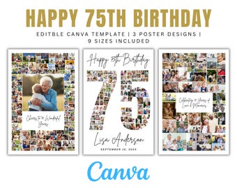 Modèle modifiable de toile de collage de photos de 75e anniversaire, collage de souvenir de famille de cadeau personnalisé, téléchargement numérique