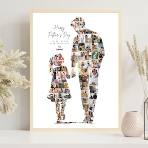 May include: A framed photo collage in a light wood frame. The collage is in the shape of a father and child holding hands, filled with multiple small photos. Text at the top reads "Happy Father's Day" and "Thank you for everything, Dad."
