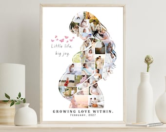 Plantilla de collage de fotos de embarazo en Canva: póster de silueta de maternidad editable, regalo personalizado para anunciar el nacimiento.