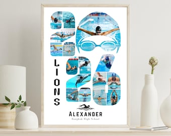 Plantilla de collage de fotos de natación de Canva 2026: póster editable del año del nadador y recuerdo deportivo personalizado