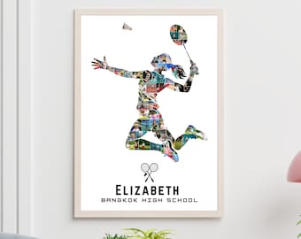 Editable Female Badminton Photo Collage – Badminton Player Silhouette Poster – Personalized Athlete Gift