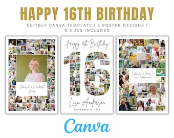 Bearbeitbare 16. Geburtstag Foto Collage Canva Vorlage Personalisiertes Geschenk Sechzehn Geburtstag Dekor Digitaler Download