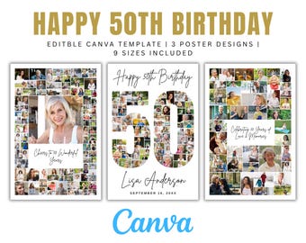 Collage de fotos editable para el 50 cumpleaños, regalo personalizado, decoración para el 50 cumpleaños, póster imprimible para la pared conmemorativa