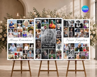Beerdigung Foto-Collage Willkommen Schild Set Vorlage, Trauerfeier Poster Feier des Lebens, (Digitaler Download)