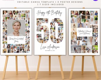 50th Birthday Photo Collage Template | 3 Editable Canva Poster Designs | Digital Download