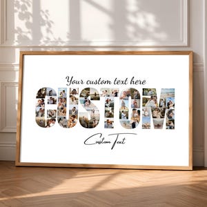 Pode incluir: Uma moldura de madeira retangular contendo uma impressão branca com a palavra CUSTOM escrita em letras grandes, cada uma preenchida com uma colagem de pequenas fotos. O texto Your custom text here e Custom Text aparece em letra cursiva.
