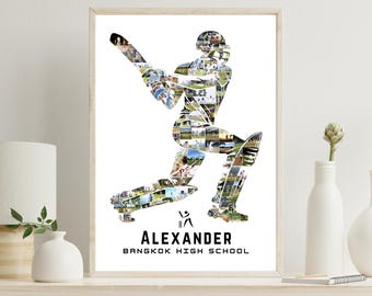Cricket Player Photo Collage – Editable Cricket Silhouette Poster – Personalized Cricketer Keepsake – Sports Wall Art