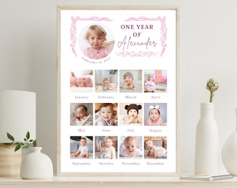 Editable First Year Photo Collage – Baby 12 Month Milestone Poster – Personalized First Birthday Keepsake