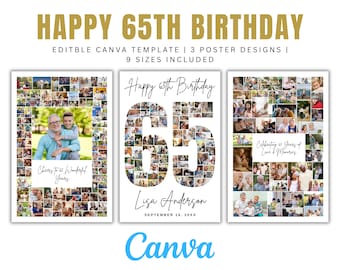 Póster editable de collage de fotos para el 65 cumpleaños, regalo personalizado, decoración para el 65 cumpleaños, recuerdo imprimible