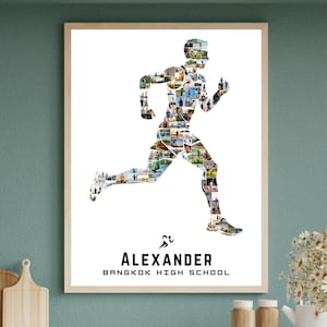 May include: Framed print featuring a running figure composed of multiple small photos. The silhouette is filled with various images, creating a collage effect. Below the figure, the name "ALEXANDER" and "BANGKOK HIGH SCHOOL" are printed in black.
