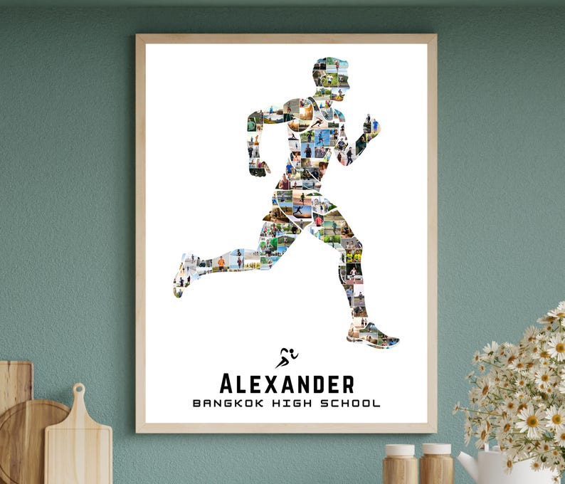 May include: Framed print featuring a running figure composed of multiple small photos. The silhouette is filled with various images, creating a collage effect. Below the figure, the name "ALEXANDER" and "BANGKOK HIGH SCHOOL" are printed in black.
