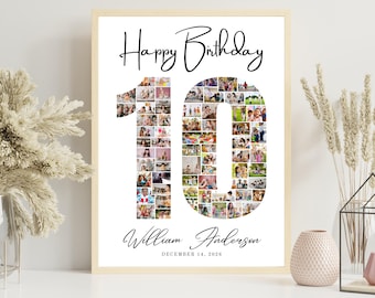 Happy 10th Birthday Photo Collage Canva Template, Personalized 10 Number Poster, Custom Birthday Memory
