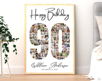 May include: A framed print with the words "Happy Birthday" in elegant script. The number "90" is filled with numerous small photos. The name "William Anderson" and the date "DECEMBER 14, 2026" are below the number.