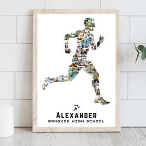 May include: A framed print featuring a running figure silhouette filled with various images. The name "ALEXANDER" and "BANGKOK HIGH SCHOOL" are printed in black below the runner. The frame is a light wood color.