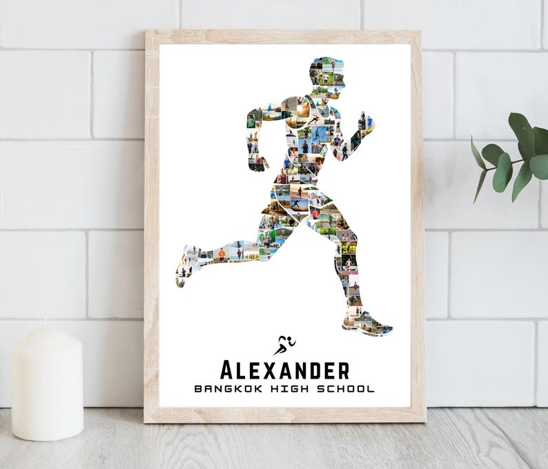 May include: A framed print featuring a running figure silhouette filled with various images. The name "ALEXANDER" and "BANGKOK HIGH SCHOOL" are printed in black below the runner. The frame is a light wood color.