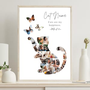 Könnte beinhalten: Gerahmter Kunstdruck mit einer Katzensilhouette, die mit Fotos gefüllt ist. Das Kunstwerk enthält Schmetterlinge und den Text "Cat Name" und "Cats are my happiness."