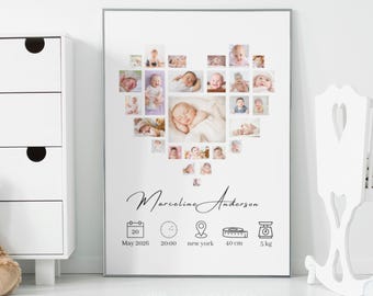Newborn Baby Photo Collage Canva Template – Heart Shape – Personalized Birth Stats Print
