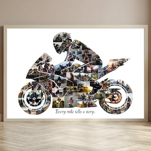 Puede incluir: Obra de arte enmarcada que presenta una silueta de motocicleta compuesta por numerosas imágenes más pequeñas. El piloto es visible, y la frase "Every mile tells a story" está escrita debajo de la motocicleta en una fuente decorativa. La obra está sobre un fondo blanco.
