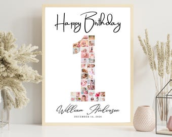 Happy 1st Birthday Photo Collage Template, Personalized 1 Number Baby Photo Poster, Digital Download