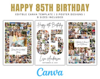 Happy 85th Birthday Photo Collage Editable 85 Number Poster Personalized Gift Family Memory Collage