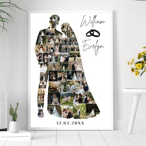 Op de afbeelding: Een ingelijste trouwfotocollage met een silhouet van een stel gevuld met kleinere trouwfoto's. De namen "William" en "Evelyn" staan in cursief boven het silhouet van het stel, met de trouwdatum "12.02.20XX" onderaan.