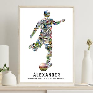 May include: Framed soccer art print featuring a silhouette of a soccer player kicking a ball. The player's form is filled with a collage of colorful images. The print includes the name "ALEXANDER" and "BANGKOK HIGH SCHOOL" in bold, black text.