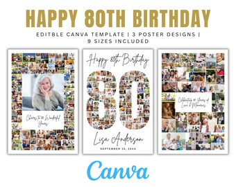 Happy 80th Birthday Photo Collage Editable 80 Number Poster Personalized Gift Family Memory Collage