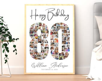 Plantilla personalizada de Canva para collage de fotos de feliz 80 cumpleaños, póster fotográfico personalizado con el número 80