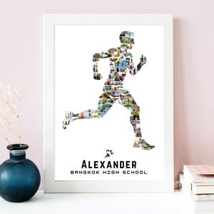 May include: White framed print featuring a running figure silhouette filled with various images. The name "ALEXANDER" and "BANGKOK HIGH SCHOOL" are printed below the runner silhouette in black.