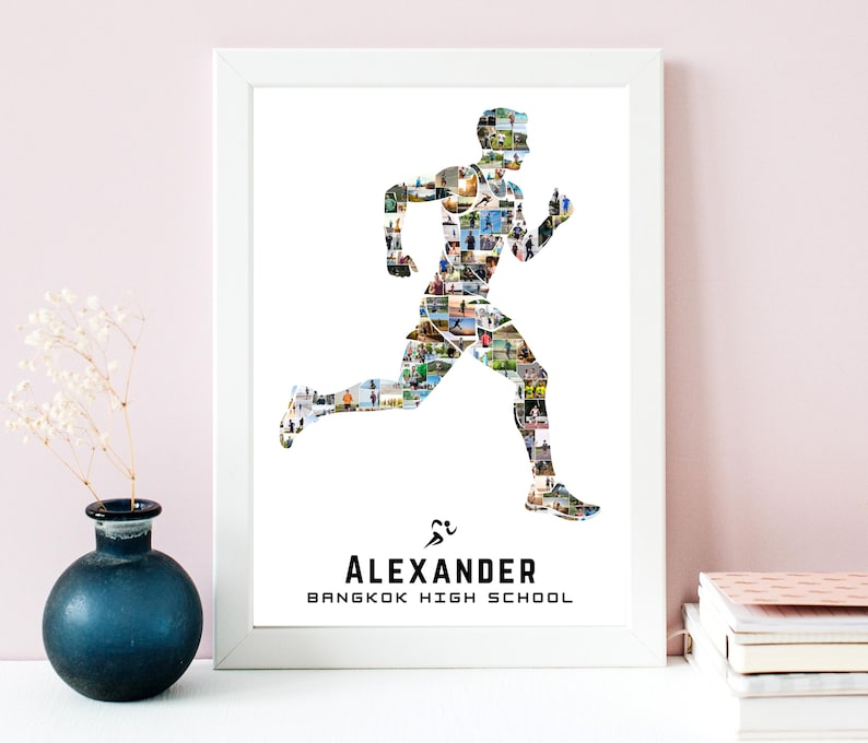 May include: White framed print featuring a running figure silhouette filled with various images. The name "ALEXANDER" and "BANGKOK HIGH SCHOOL" are printed below the runner silhouette in black.