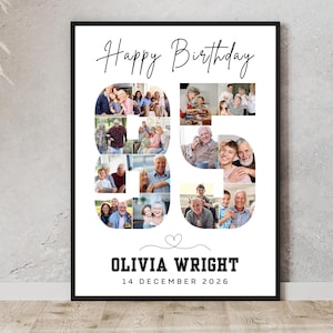 Könnte beinhalten: Schwarz gerahmter Druck mit den Worten "Happy Birthday" in Schreibschrift. Die Zahl "65" wird durch Collagenfotos gebildet. Darunter steht der Text "OLIVIA WRIGHT" und "14. DEZEMBER 2026". Eine Herzgrafik befindet sich zwischen dem Namen und der Zahl.
