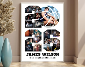 Puede incluir: Un collage enmarcado con temática de baloncesto que representa el número "23", compuesto por fotos de acción de jugadores de baloncesto. El collage incluye un gráfico de baloncesto y el texto "JAMES WILSON" y "NIST INTERNATIONAL TEAM" en negrita, en negro.